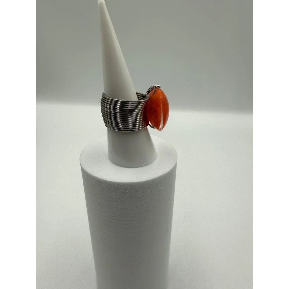 Orange Glass Cabochon Statement Ring Silver Tone‎ Coiled Wire Band Size 9.5